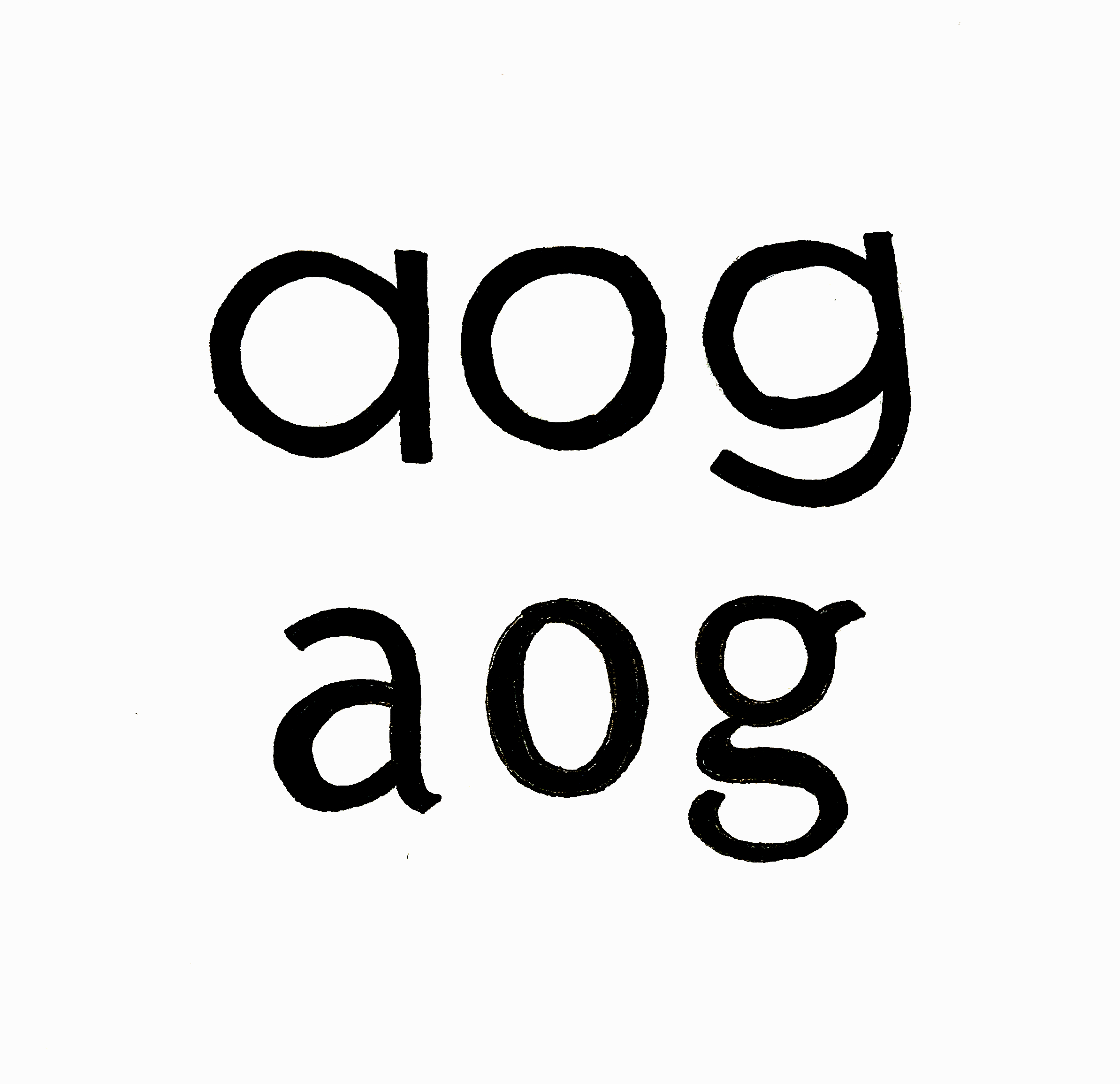 An illustration of two the letters a, o , and g in two different typefaces. The top typeface is very repetitive whereas the bottom one is very distinct.