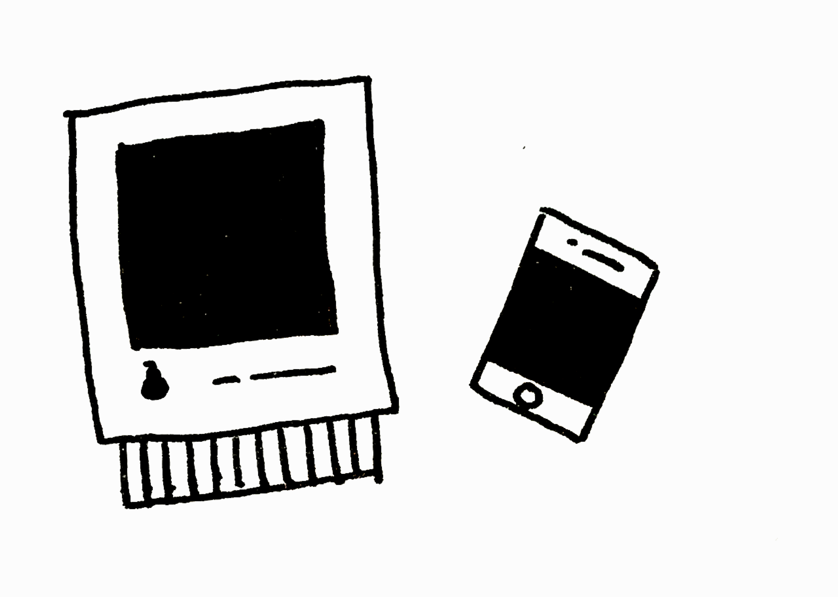 An illustration of a smartphone and a retro computer.